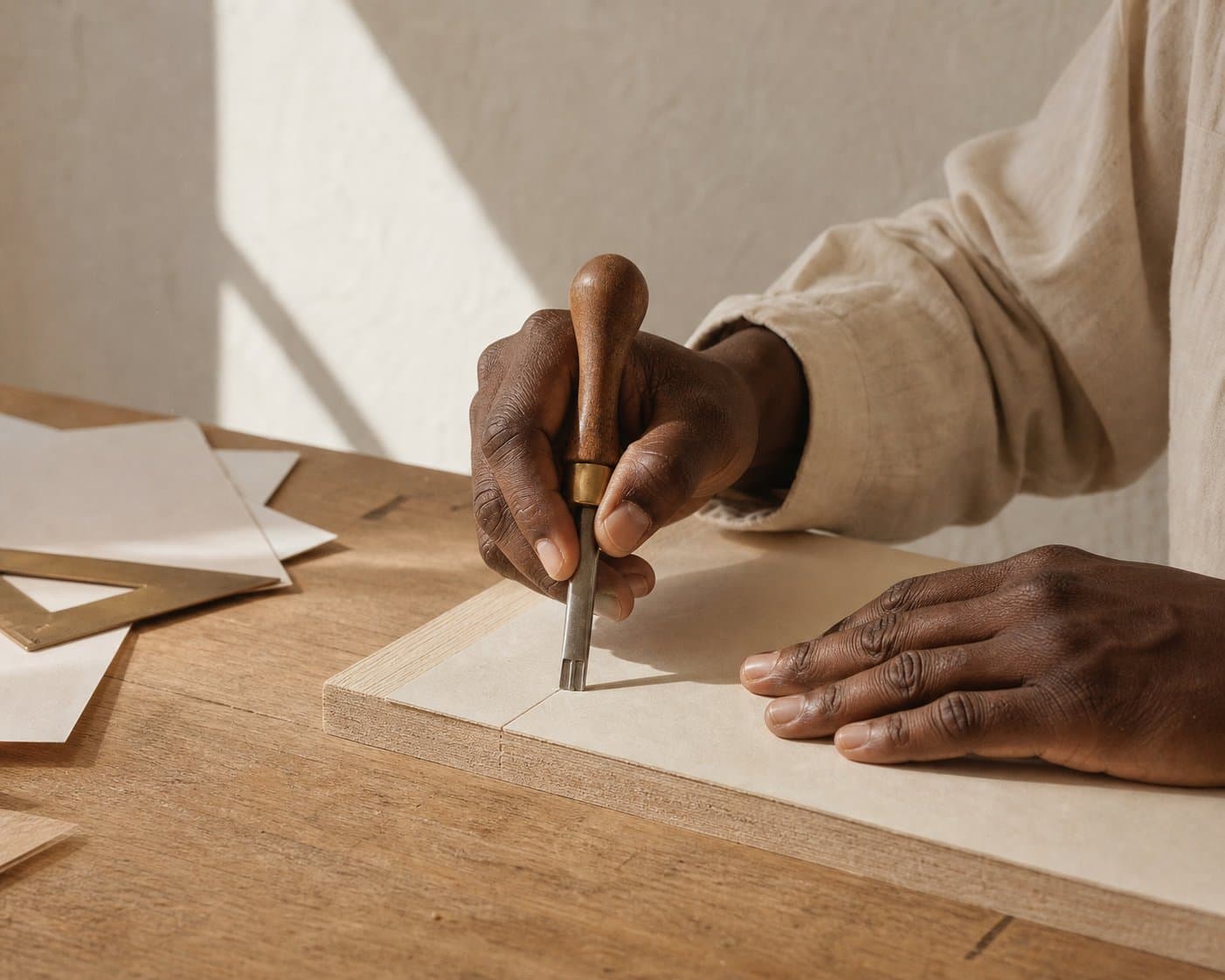 A pair of hands mid-task in a shaft of hard daylight
