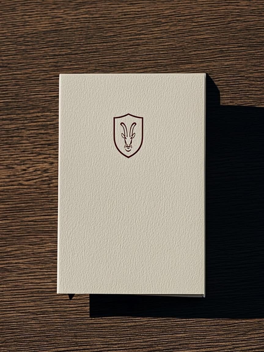 The folded notecard: cream stock on dark walnut, the shield centred high