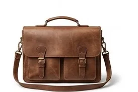 A leather satchel with buckle and strap