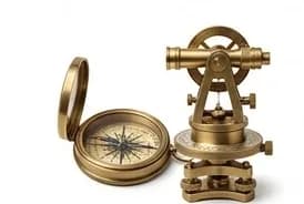 A brass theodolite and compass, surveying instruments