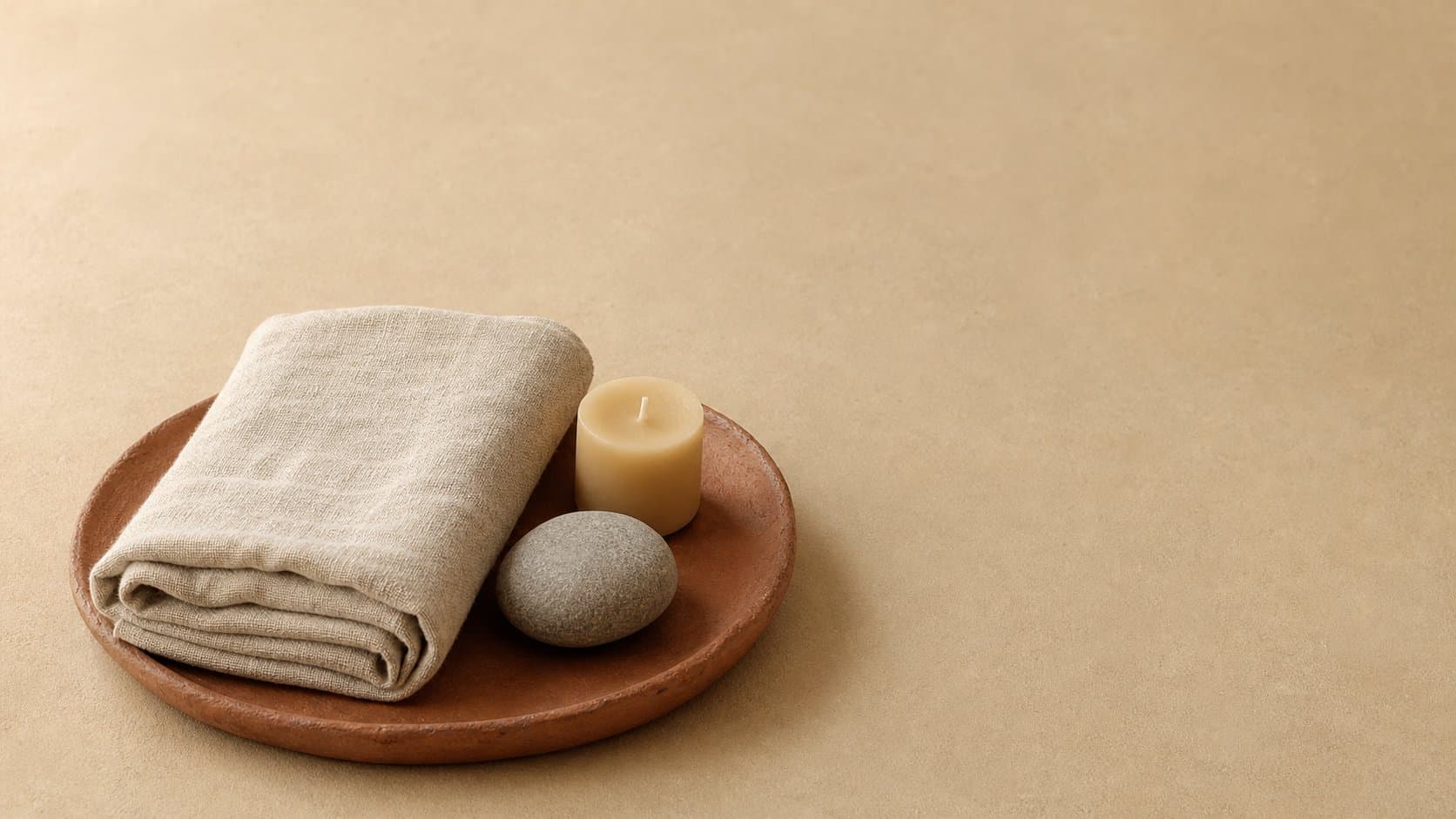 Folded linen, stone and a candle on a warm counter