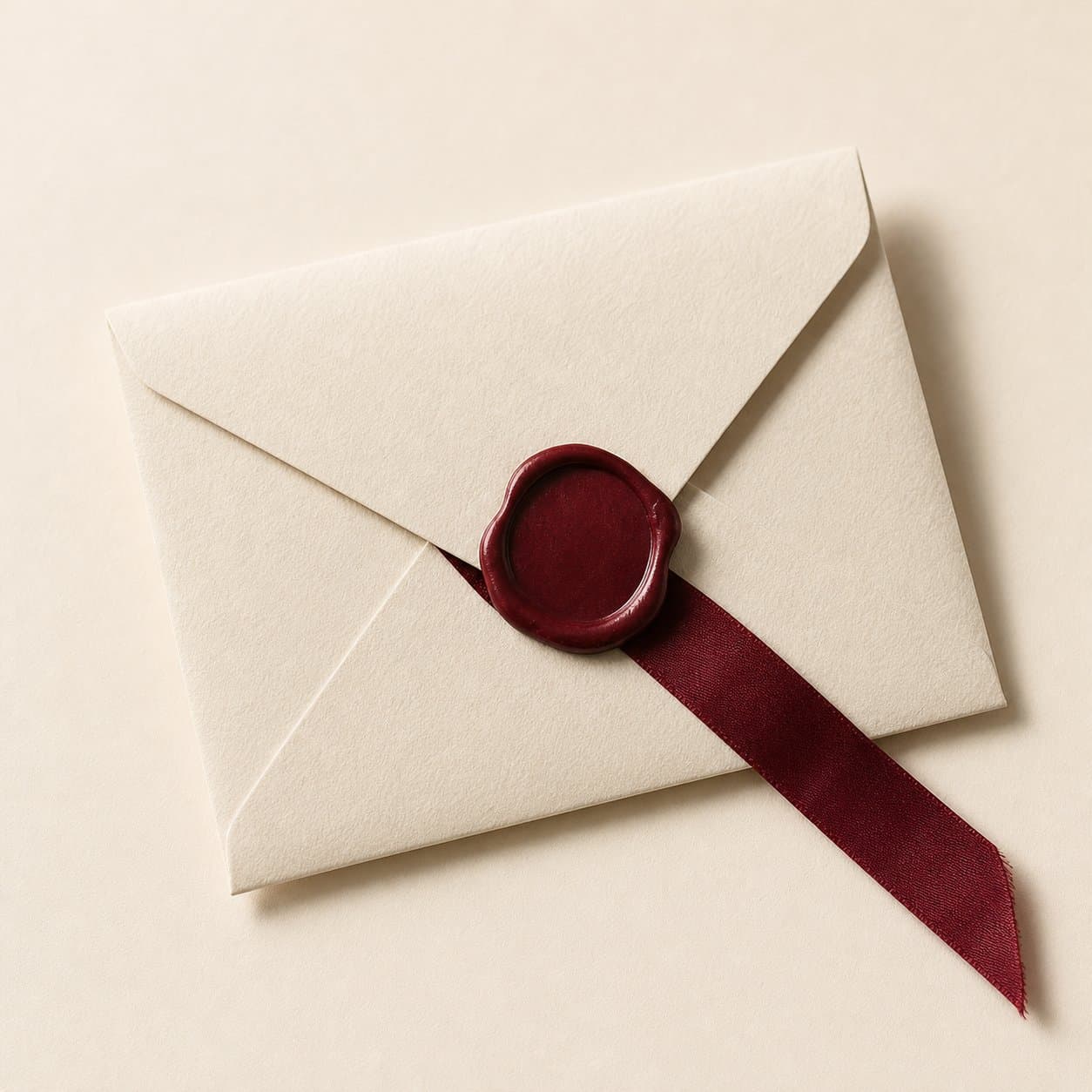 A maroon wax seal with ribbon, centred on cream paper